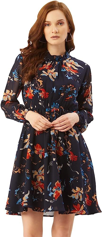 slenor Women Navy Blue & Red Floral Printed A-Line Dress | Amazon (US)