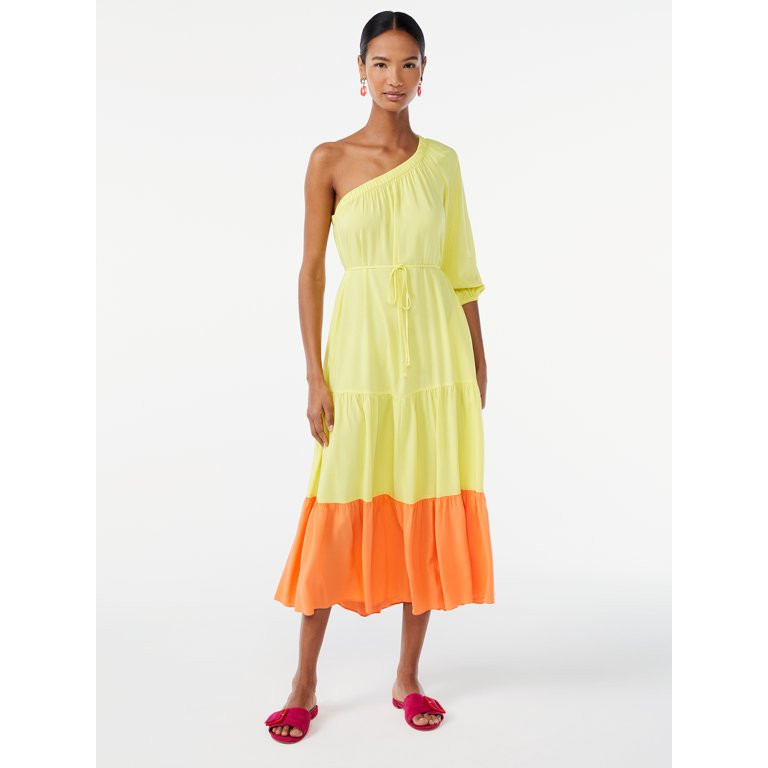 Scoop Women's One Shoulder Color Block Maxi Dress with Tie Front | Walmart (US)