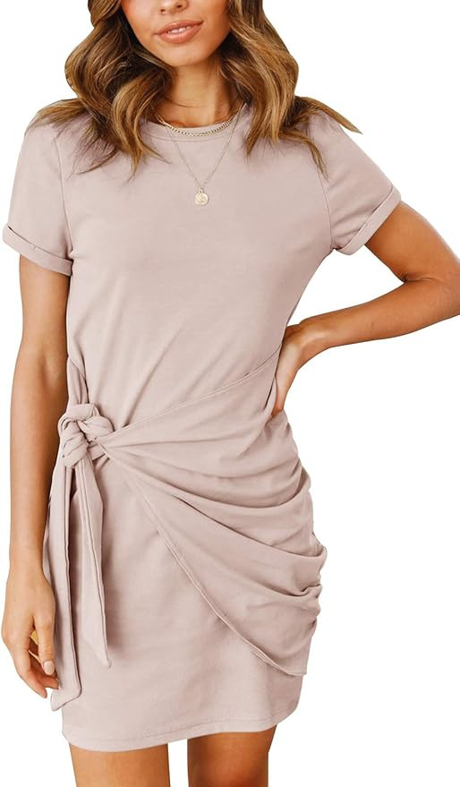 MEROKEETY Women's Short Sleeve Crew Neck T Shirt Dress Tie Waist Ruched Bodycon Mini Dress | Amazon (US)