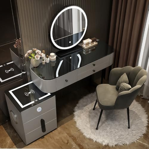 MJKCBD Dressing Table with 3 Color LED Mirror and Soft Stool, Makeup Vanity Desk with Bluetooth Speaker Side Cabinet and USB/Wireless Charging & 5 Drawers for Women Girls, Grey, 31.5″ | Amazon (UK)