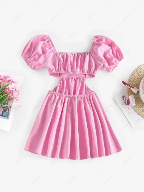 ZAFUL Puff Sleeve Ruched Cutout Skater Dress | ZAFUL (Global)