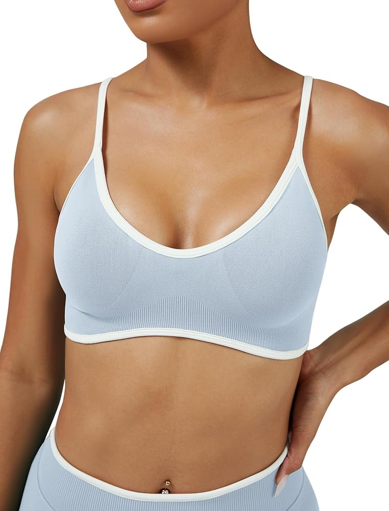ABOCIW Women's Color Block Sports Bras Seamless Adjustable Spaghetti Straps Workout Gym Bra Wirel... | Amazon (US)