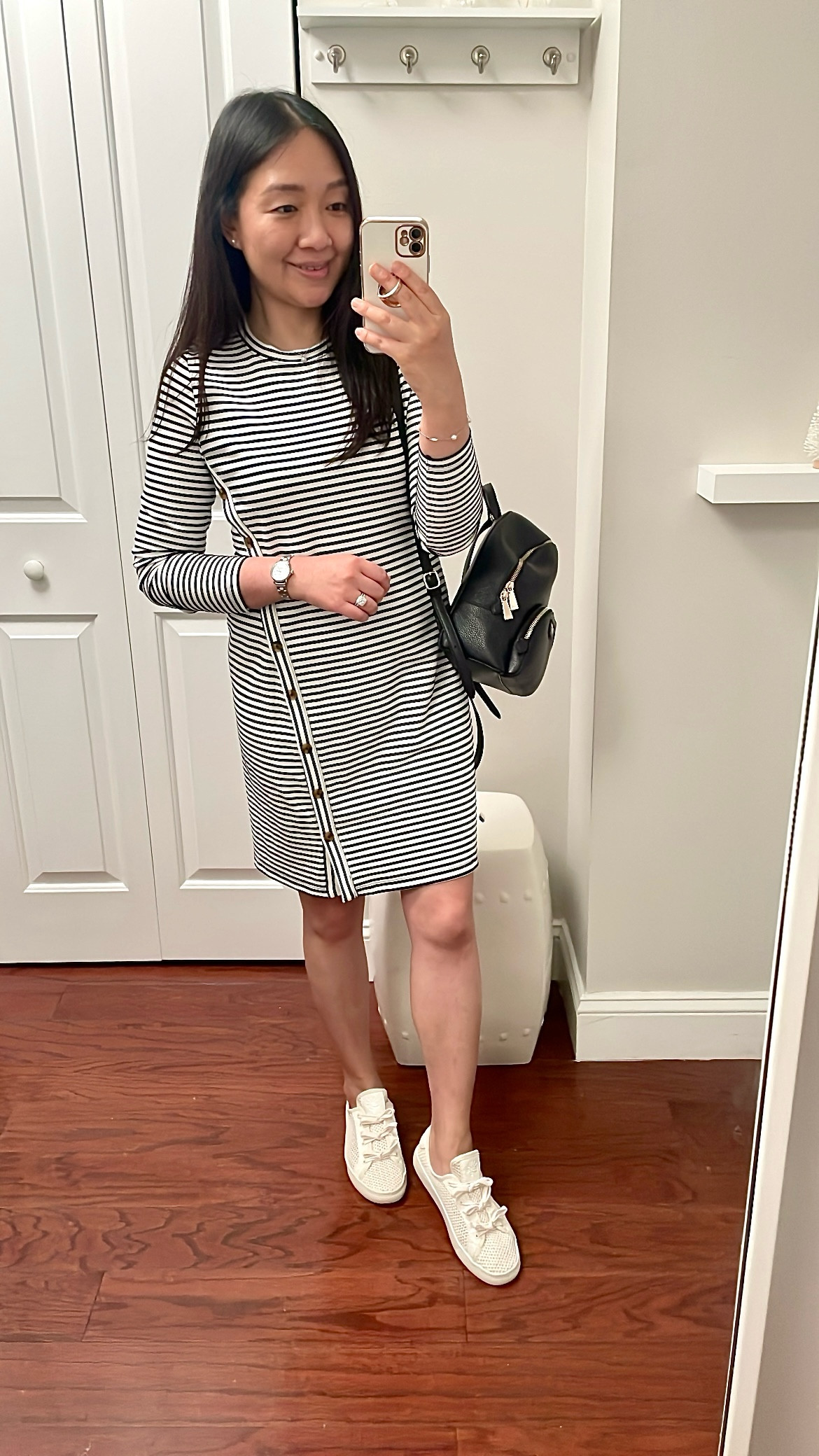 I took this dress in S petite for a looser body skimming fit. I'm 5' 2.5" and 119 pounds. 

My exact mesh sneakers are true to size and linked. I just tied the shoe laces into bows using a viral reel I found on Instagram. I have washed them multiple times in the machine if they get dirty.

Stripe dress
LOFT try-on review


#LTKPetite #LTKOver40 #LTKShoeCrush