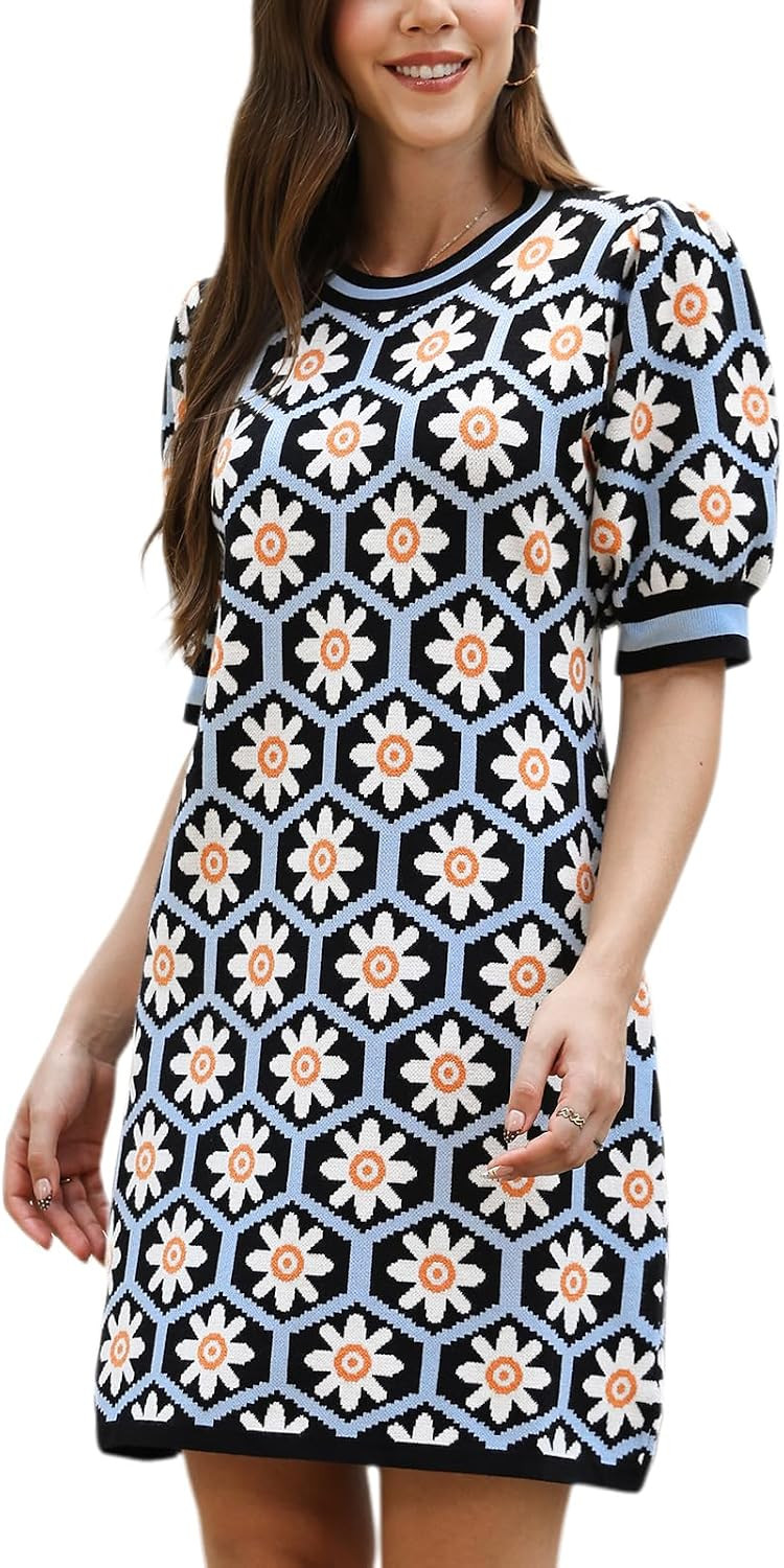D-Sun Women's Knit Sweater Dress Geometric Pattern Short Sleeve Mini Dress | Amazon (US)