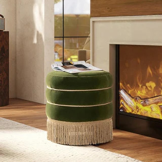 Edward 17.5" Round Upholstered Ottoman with Gold Bullion Fringe - Bed Bath & Beyond - 42377240 | Bed Bath & Beyond