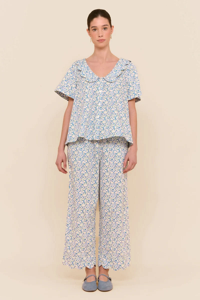 Penelope Sleep Set - Pants - Cotton - Floret Blue | Piyama US