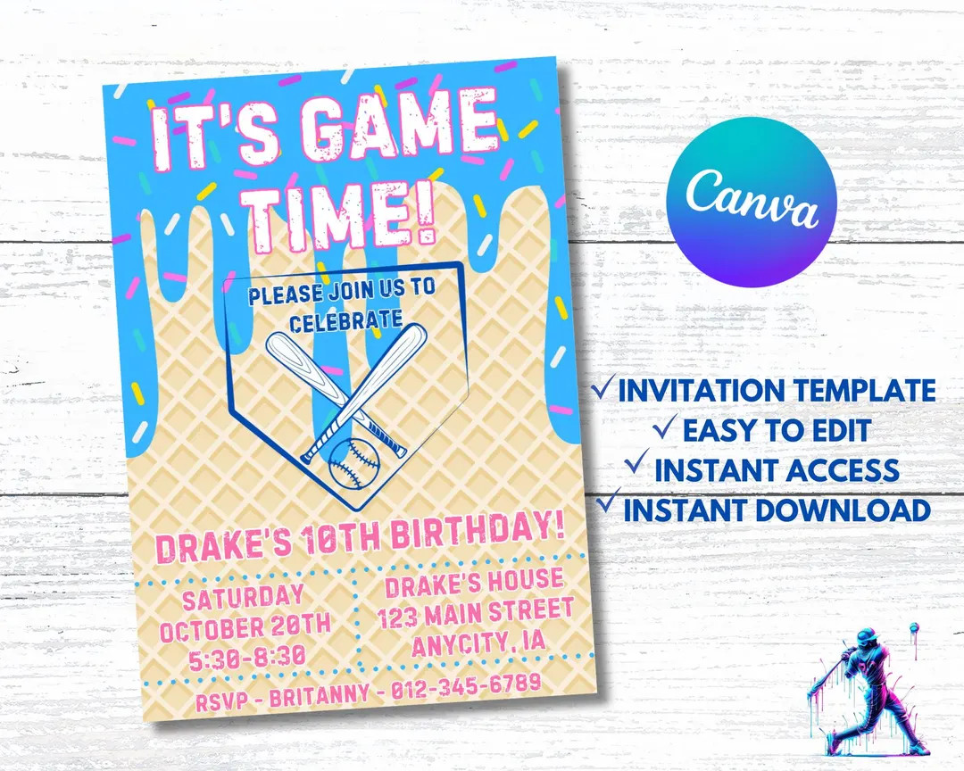 Baseball Drip Birthday Party Invitation, Editable Canva Template, Digital Baseball Birthday Invit... | Etsy (US)