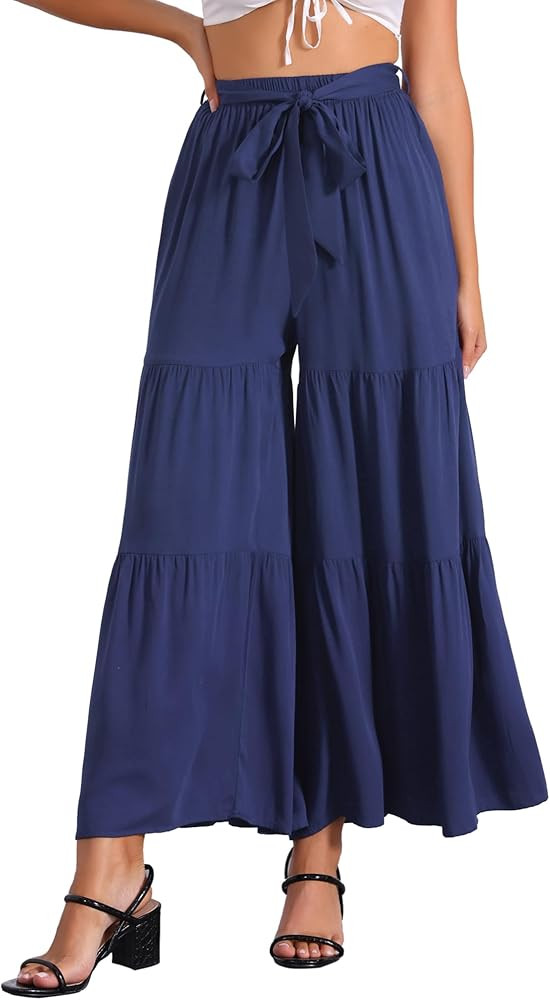 Allegra K Women's Boho Elastic High Waisted Ruffles Flare Palazzo Wide Leg Pants | Amazon (US)