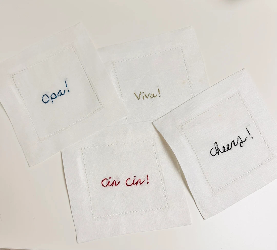 Celebratory Cocktail Napkin Set, Hand Embroidered Linen Cocktail Napkins, Cheers, Opa, Viva, Cin ... | Etsy (US)