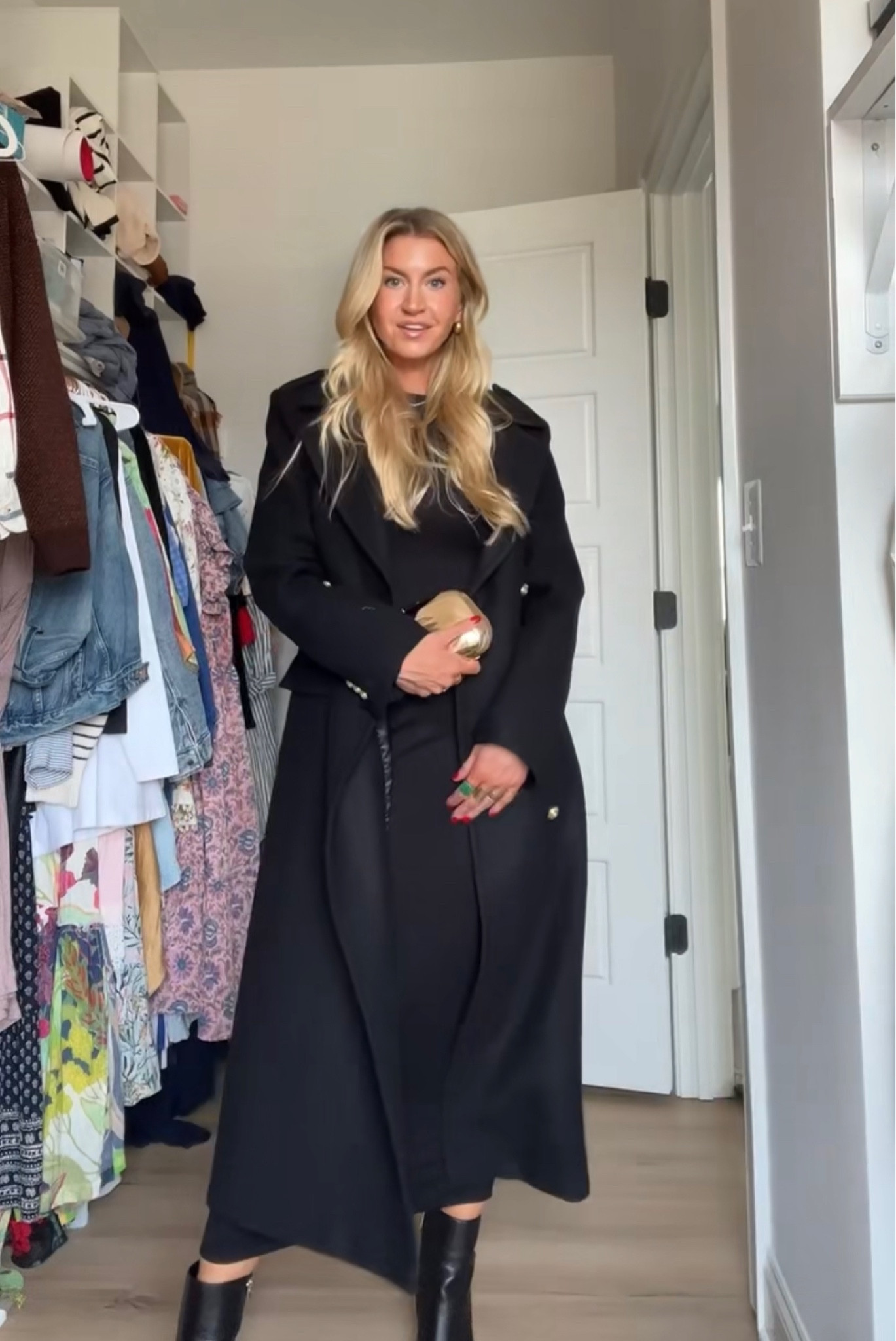 Black maxi dress (wearing a S), long black peacoat (searing a small), gold geometric clutch  

#LTKHoliday #LTKparties #LTKfindsunder100