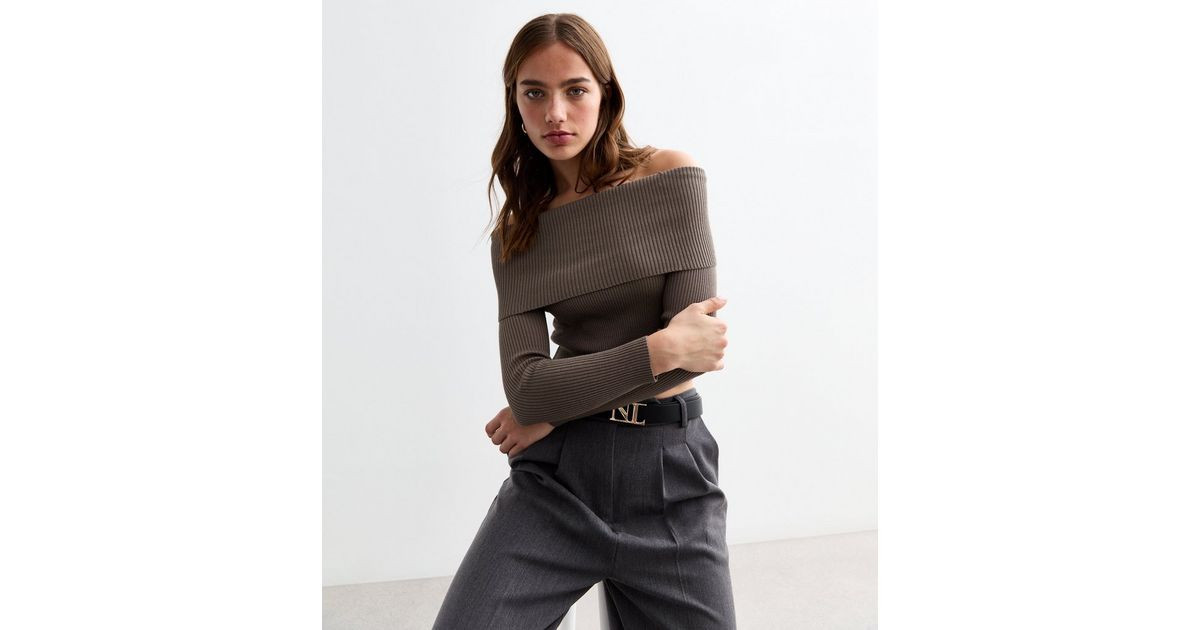 Brown Rib Knit Foldover Bardot Jumper  | New Look | New Look (UK)