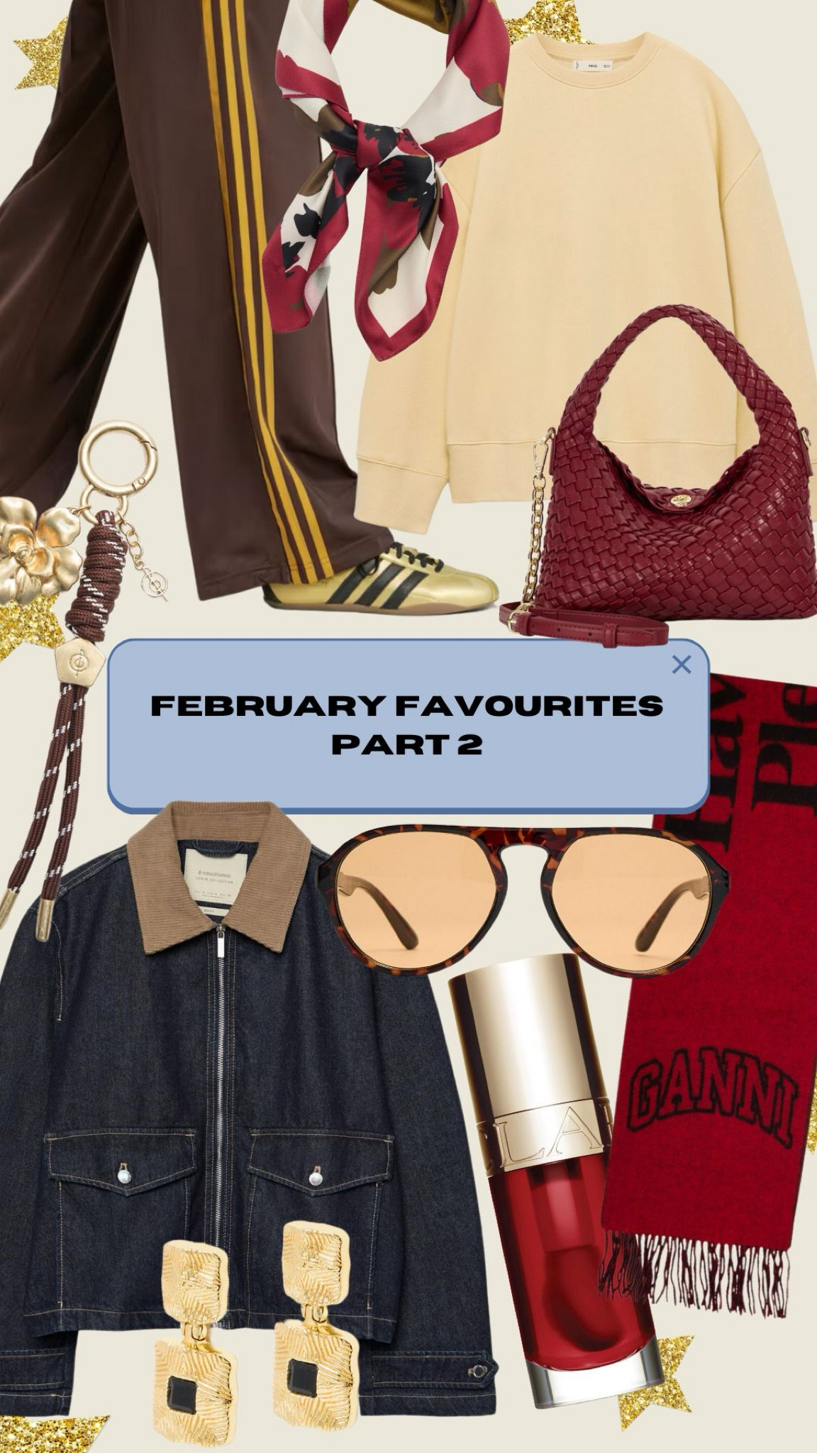February fashion finds to elevate your style! This month’s top picks include trendy tinted sunglasses, a classic Adidas tracksuit, a cozy yellow jumper, a denim jacket perfect for layering, a red GANNI scarf, and a statement woven handbag. Complete your look with bold gold earrings and a hydrating lip oil—perfect for Valentine’s Day gifting or self-care! #FebruaryFavorites #FashionTrends #AdidasStyle #DenimJacket #ValentinesGiftIdeas #StatementAccessories #Cosy 

#LTKuk #LTKFashionMonth #LTKdatenight