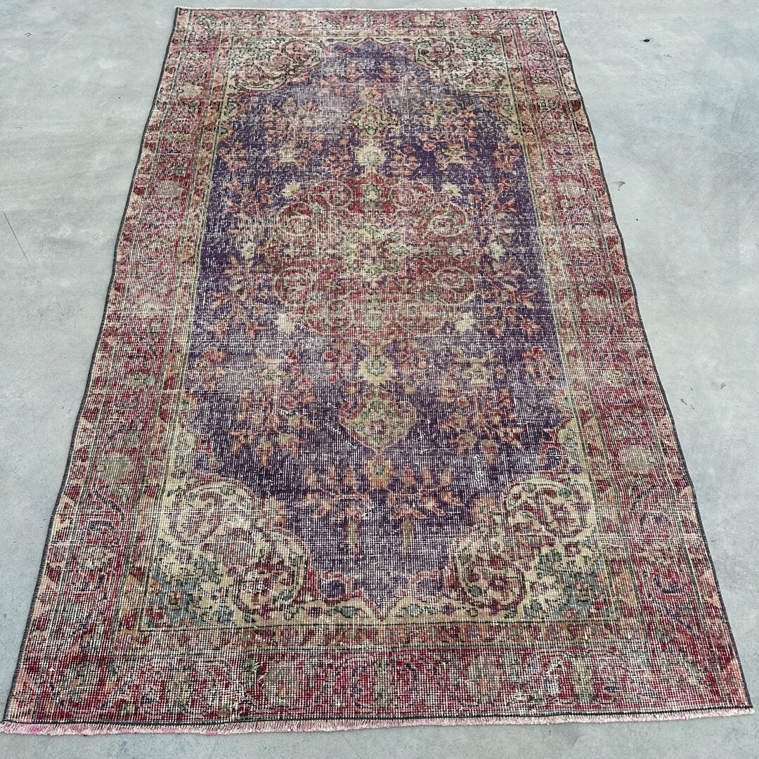 Turkish Rug, Vintage Rug, 4x7 Ft Area Rugs, Faded Oushak Rug, Rugs for Dining Room, 3.8x6.6 Ft Pu... | Etsy (US)