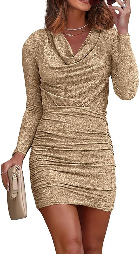 PRETTYGARDEN Women's Fall Bodycon Mini Dress Sparkly Long Sleeve Cowl Neck Ruched Short Club Cock... | Amazon (US)