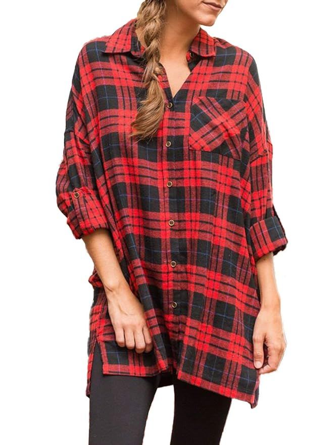 MISSLOOK Women's Plaid Shirts Button Down Tops Flannel Roll-up Sleeve Blouses Tunics | Amazon (US)