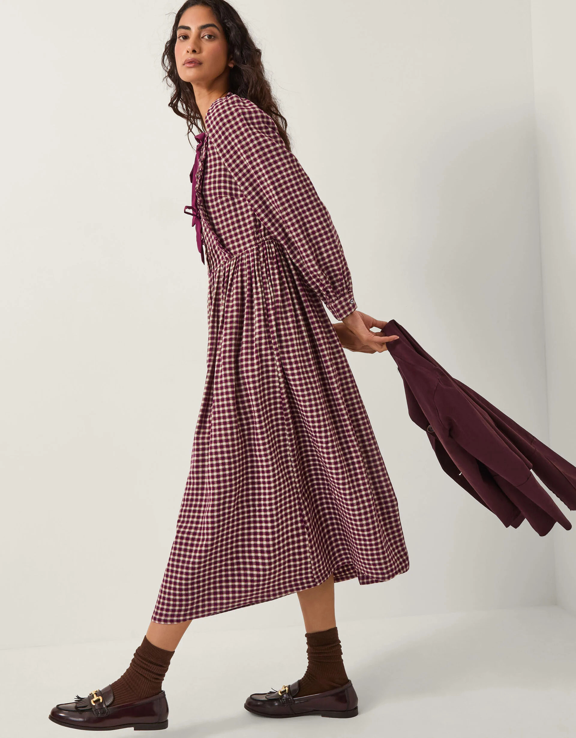 Agatha Tie Front Check Midi Dress Red | Monsoon (UK)