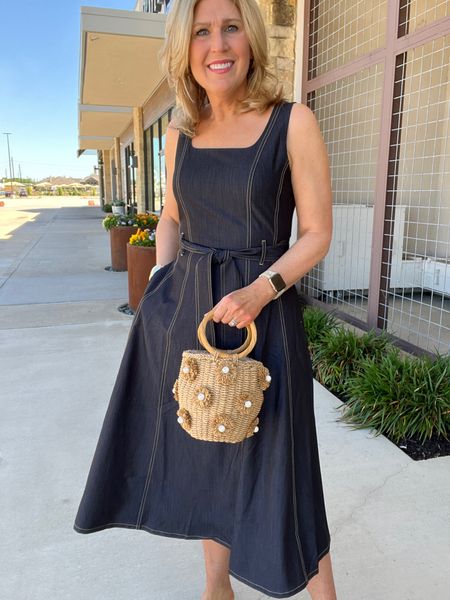 Denim stretchy midi dress. Under $60. Runs tts. Zips up the back. Tie waistband. Darling straw bag! Under $40! 

#LTKitbag #LTKfindsunder100 #LTKSeasonal