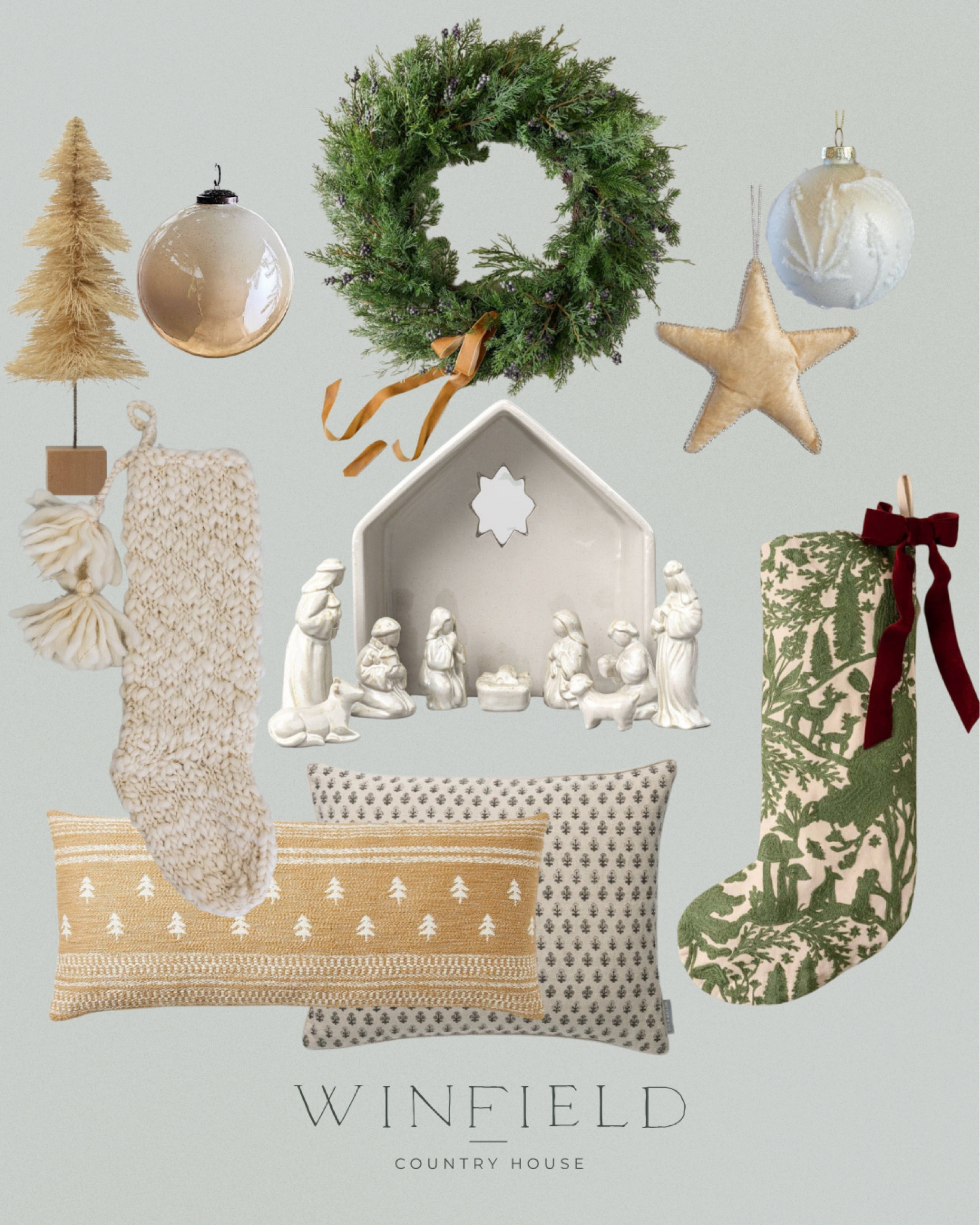 Christmas decor, holiday decorations, wreath, bottle brush trees, Christmas tree ornaments, nativity, crèche, block print pillows, embroidered stocking, knit stocking, cozy traditional classic Christmas, target, magnolia, Amazon, McGee and co

#LTKHoliday #LTKSeasonal #LTKhome