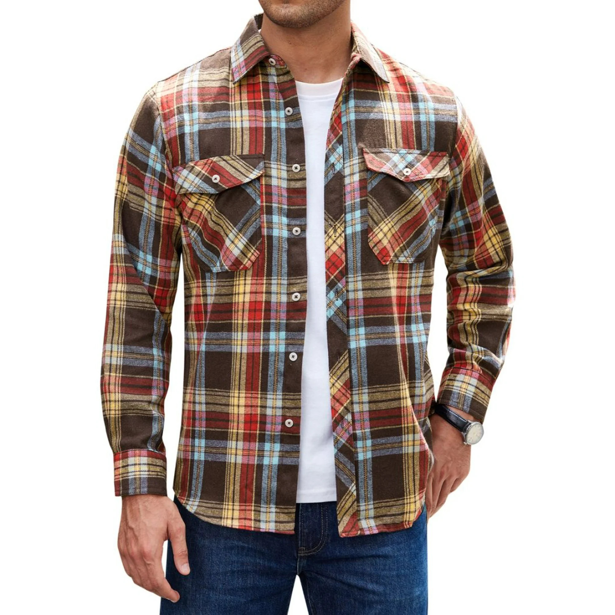 Alimens & Gentle Mens Long Sleeve Multi-color Plaid Shirts Flannel Casual Shirt - Walmart.com | Walmart (US)