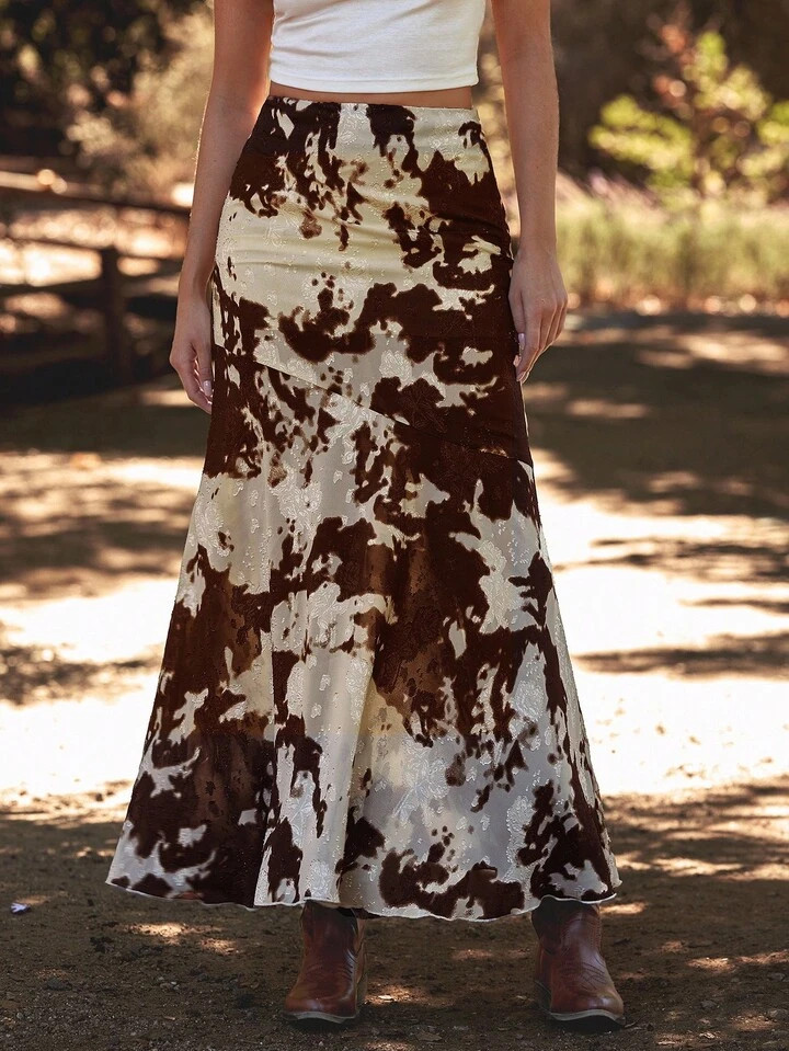 WESTFADE Cow Print Satin Western Seamed Midi Skirt Fall, Autumn, Winter, Boho, Casual, Cute, Country Concert Outfit | SHEIN