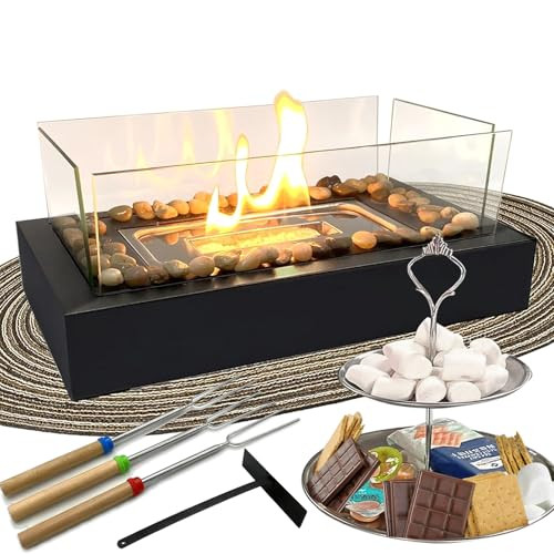 Table Top Firepit with Smores Maker Kit Protection Mat Snack Tray - Indoor Tabletop Fire Pit Set Gifts for Women Mom Wedding Housewarming Christmas Birthday White Elephant Gift (Black Set) | Amazon (US)