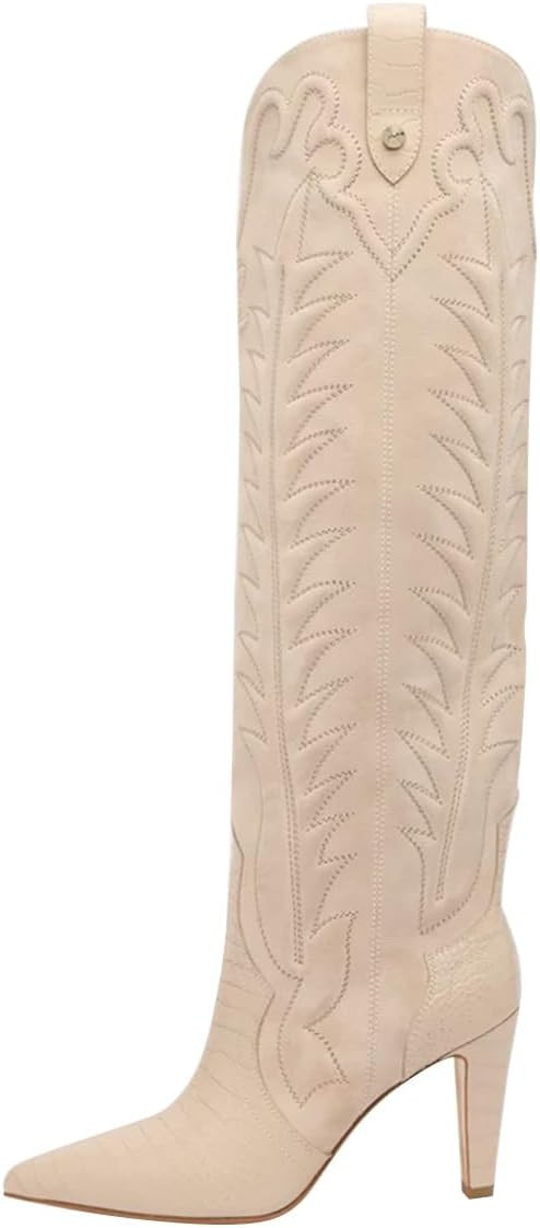 FSJ Women Pointed Toe Cowboy Boots Embroidered Chunky High Heel Knee High Boots Western Pull On Fashion Shoes Size 4-16 US | Amazon (US)