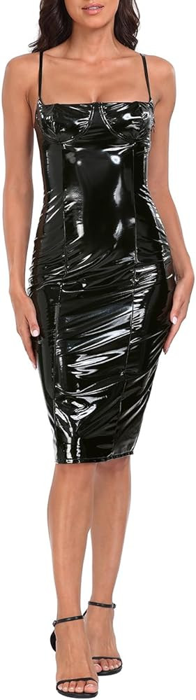 HDE Women's Latex Midi Bodycon Dress Vinyl Faux Leather Sexy Balconette Dresses | Amazon (US)