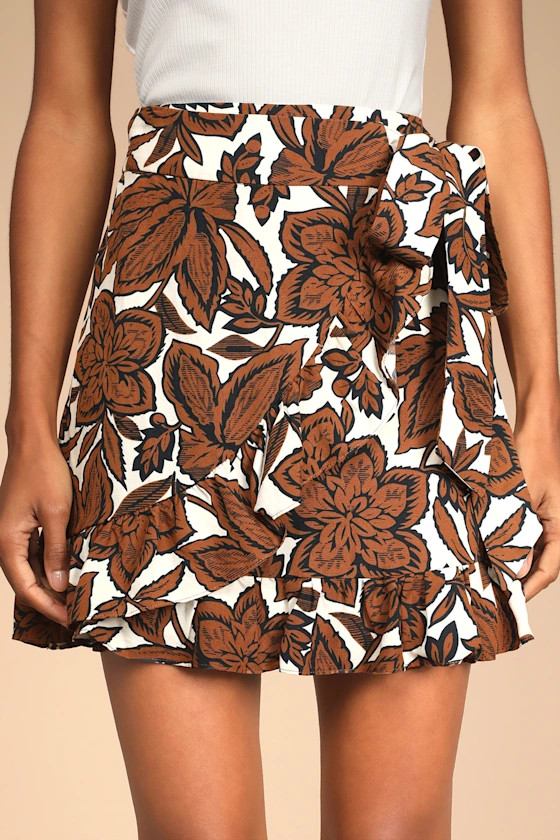 Perfect Voyage Brown Floral Print Ruffled Wrap-Front Skirt | Lulus (US)