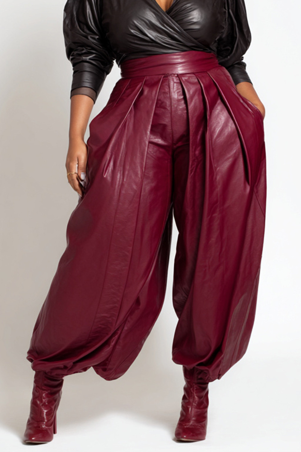 Xpluswear Design Plus Size Business Casual Burgundy Pocket Casual Ruffled Jogging PU Leather Pant... | Xpluswear