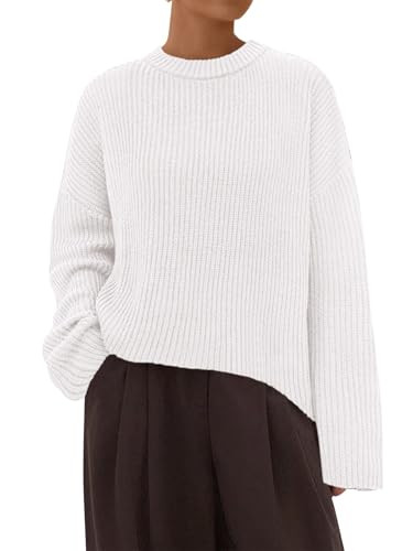 PRETTYGARDEN Women's Crew Neck Long Sleeve Sweaters Ribbed Knit Loose Fitting Chunky Sweater Women Pullover Outfits (White, Medium) | Amazon (US)