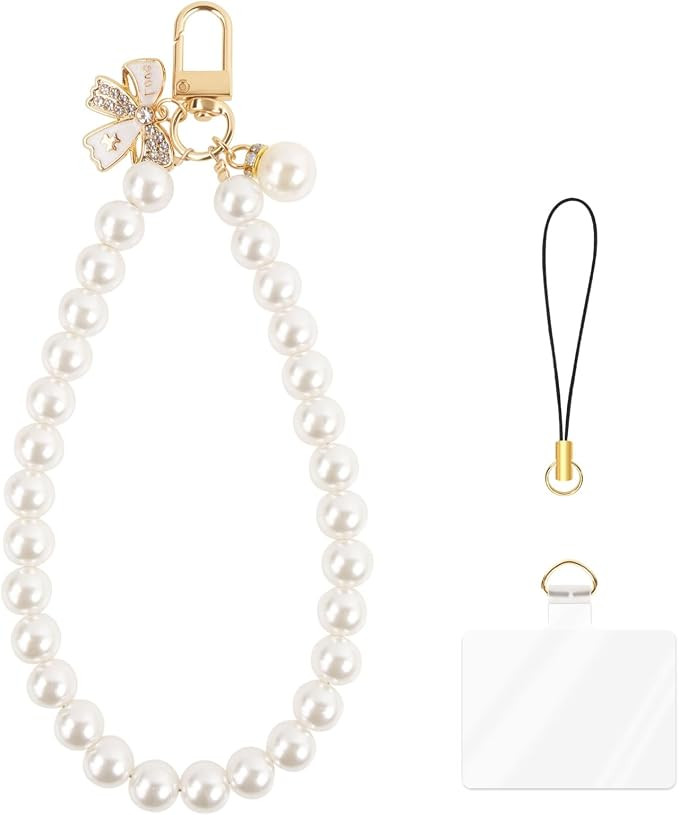 Pearl Phone Charm for Women, White Butterfly Bow Beaded Smartphone Bracelet Wrist Strap, Handmade... | Amazon (US)