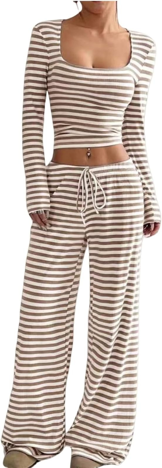 Womens Striped 2 Piece Sets Square Neck Top Cropped Tunic Wide Leg Pants Casual Lounge Sweatsuits... | Amazon (US)