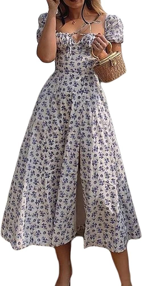 Women Boho Cottagecore Dress Puff Sleeve Vintage Dress Square Neck Floral Split Dress Flattering Max | Amazon (US)