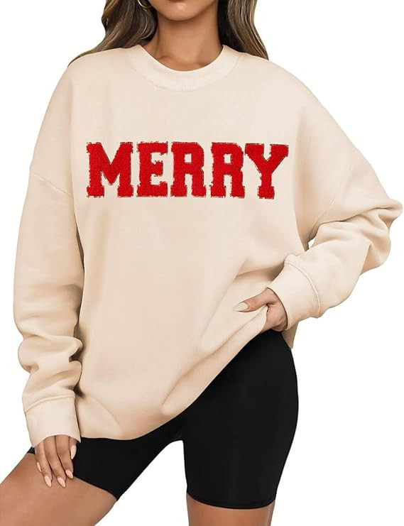 Arssm Women's Merry Christmas Sweatshirt Graphic Chenille Patch Letter Printed Crewneck Xmas Over... | Amazon (US)
