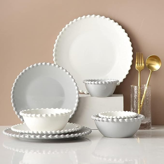 Ceramic Dinnerware Set 14 Plates Dishes Nordic White Pearl Edge Porcelain Combination Steak Plate... | Amazon (US)