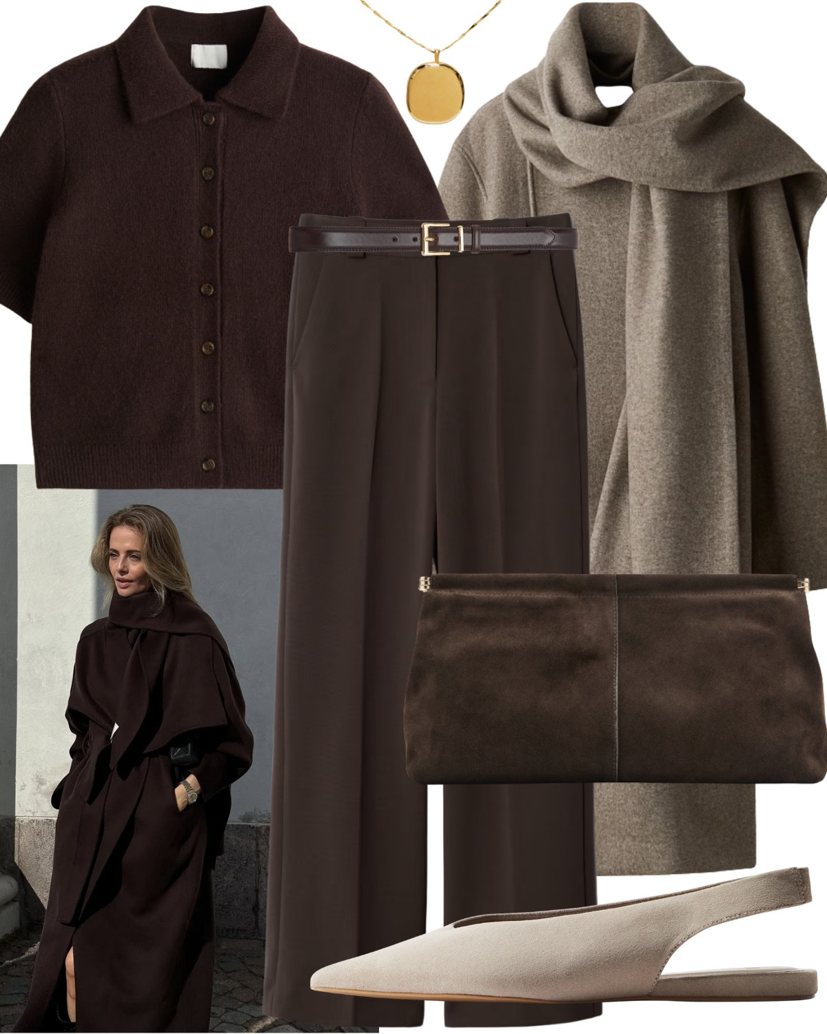 Wrap up against the cool breeze with a scarf wrap coat. 

Including scarf coat, short sleeve cardigan, brown tailored trousers, gold buckle belt, gold necklace, brown suede bag, slingback shoes

#LTKuk #LTKautumn #LTKstyletip