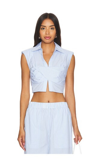 Emie Cropped Box Sleeve Top in Classic Blue Stripe | Revolve Clothing (Global)