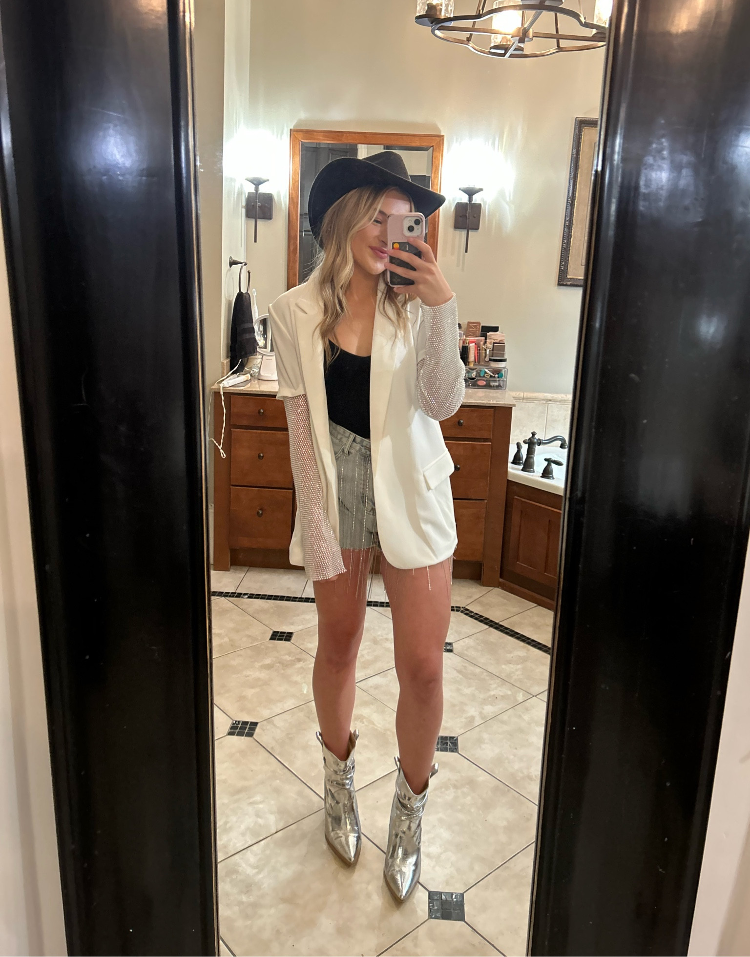 Fun sparkly country concert/western fashion inspo 🪩✨🫶🏼 

Sparkly country concert outfit 
Sparkly cowboy boots 
Black cowboy hat 
Sparkly blazer 
Black bodysuit 
Diamond fringe shorts 

#LTKstyletip #LTKunder100 #LTKFind