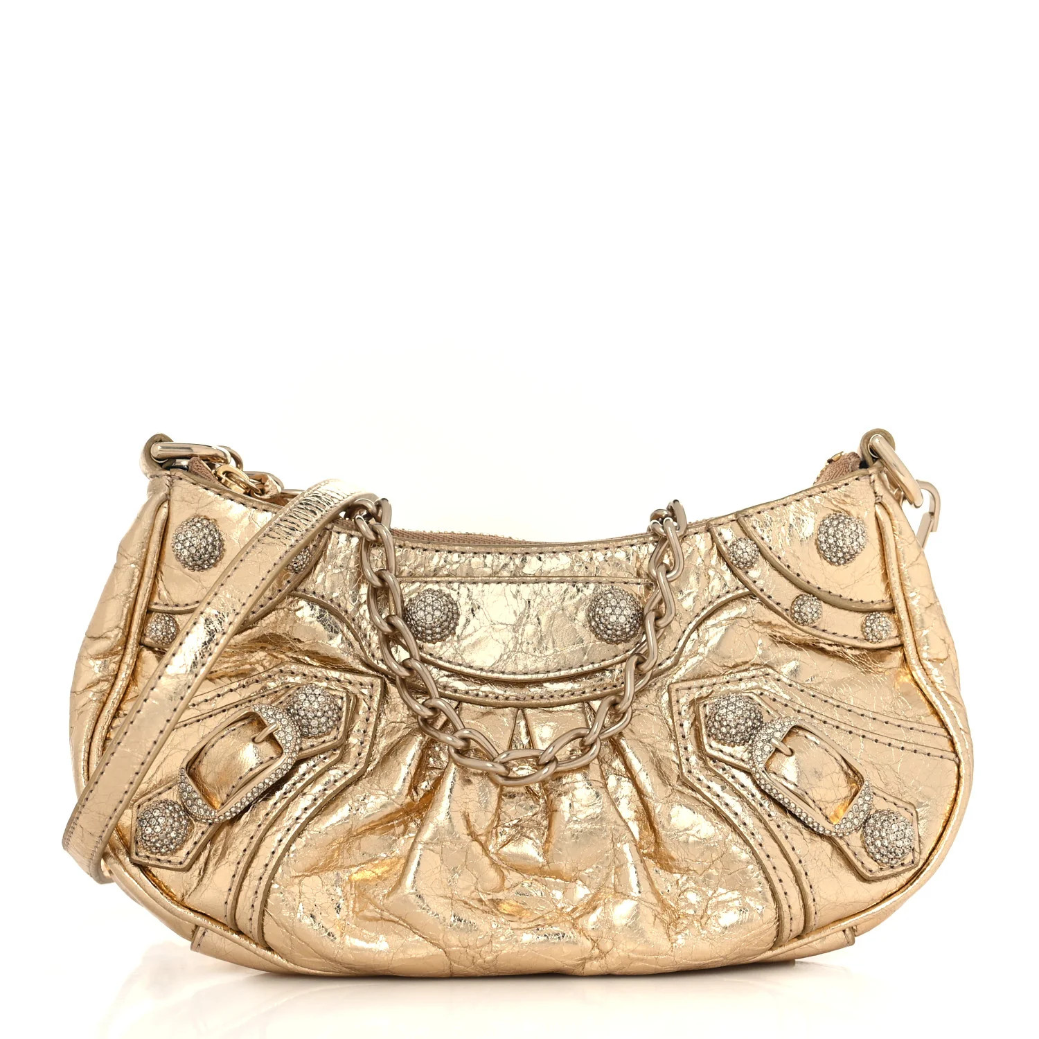 BALENCIAGA Metallic Arena Agneau Crystal Le Cagole Mini Purse With Chain Gold | FASHIONPHILE (US)