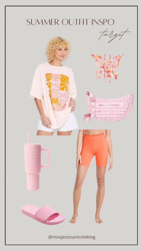 Summer outfit inspo, oversized graphic tee, biker shorts, pink water tumbler, pink crossbody, casual outfit inspo, mom outfit 

#LTKfindsunder50 #LTKxTarget #LTKstyletip