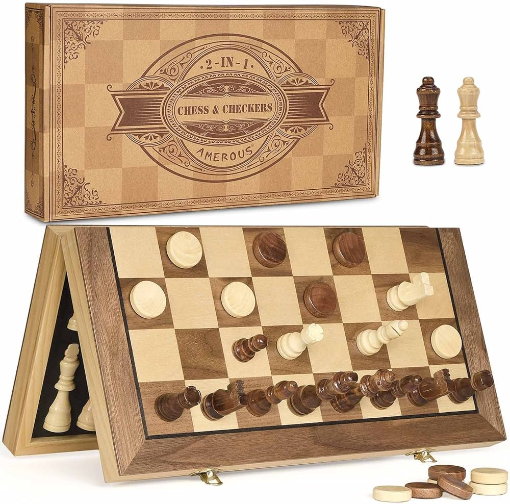 AMEROUS 15'' Magnetic Wooden Chess & Checkers Game Set -2 Extra Queens -24 Cherkers Pieces -Foldi... | Amazon (US)