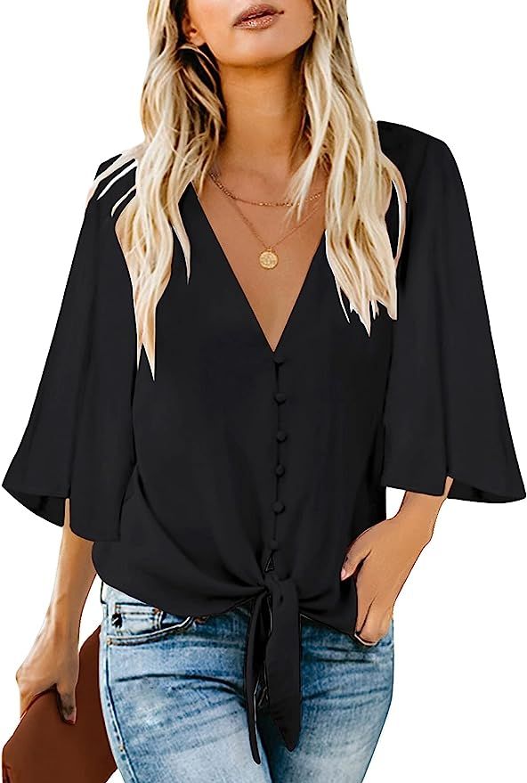 LookbookStore Women's V Neck Button Down Shirts 3/4 Bell Sleeve Tie Knot Blouse | Amazon (US)