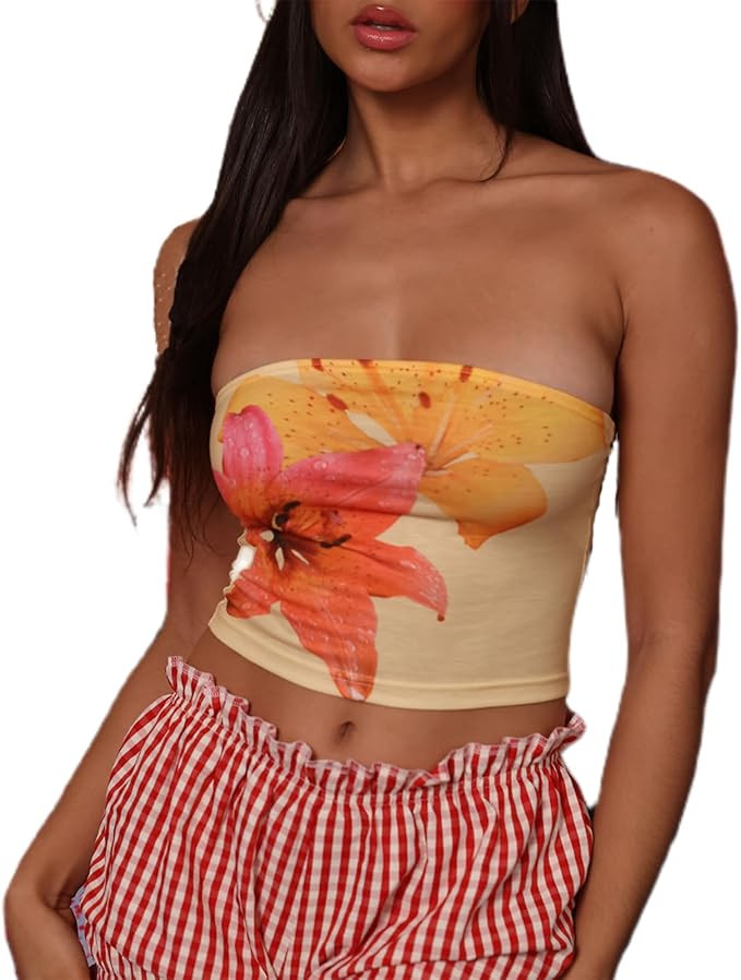 Women Floral Print Tube Top Y2k Aesthetic Backless Bandeau Top Slim Fit Crop Tank Cute Summer Goi... | Amazon (US)