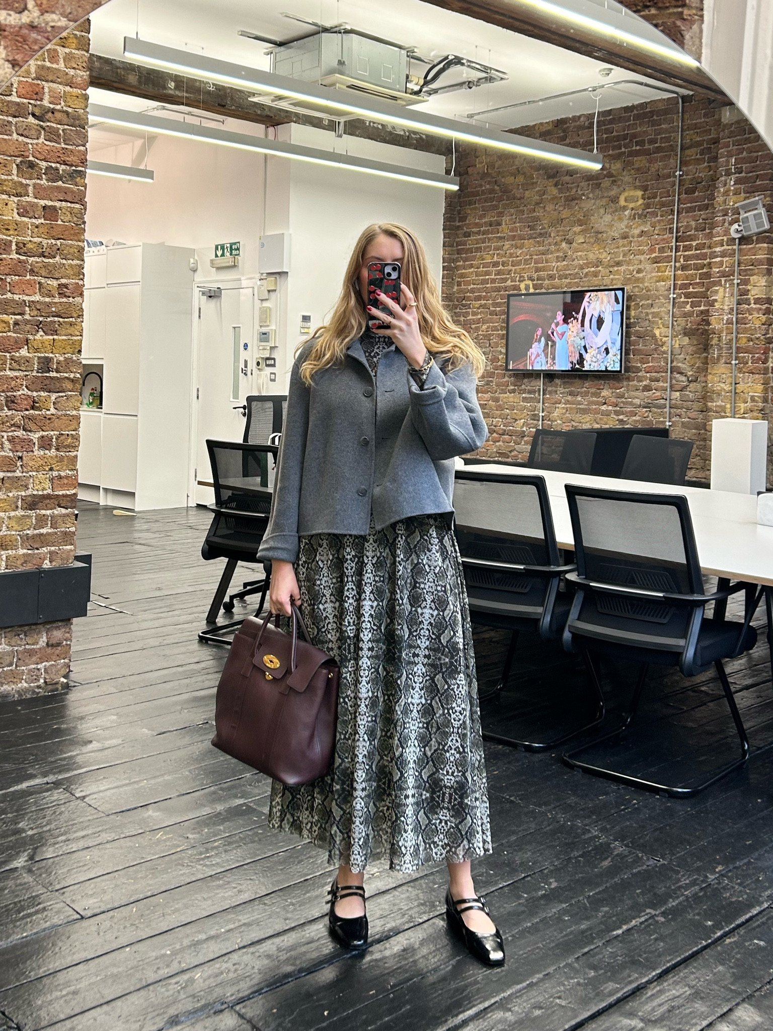 Fall outfits, fall fashion, fall shoes, work outfit, workwear, autumn outfit, winter outfit, grey wool jacket, snake print midi dress, black mary jane shoes, Mulberry bag, Mulberry Bayswater backpack, midi dress, work dress, winter dress, winter style 

 #LTKuk #LTKwinter #LTKworkwear
