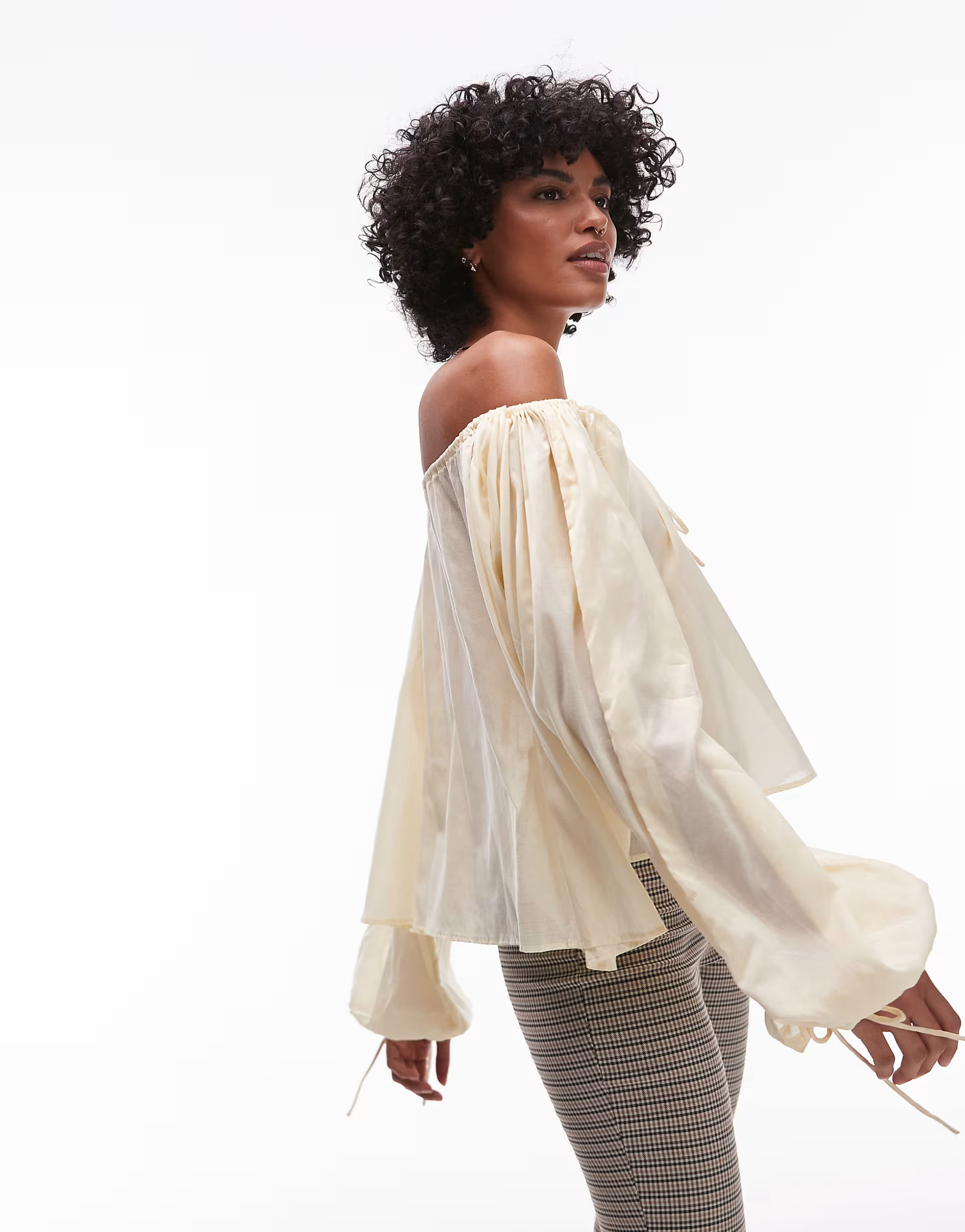 Topshop trapeze long sleeve tie detail blouse in  buttermilk | ASOS (Global)