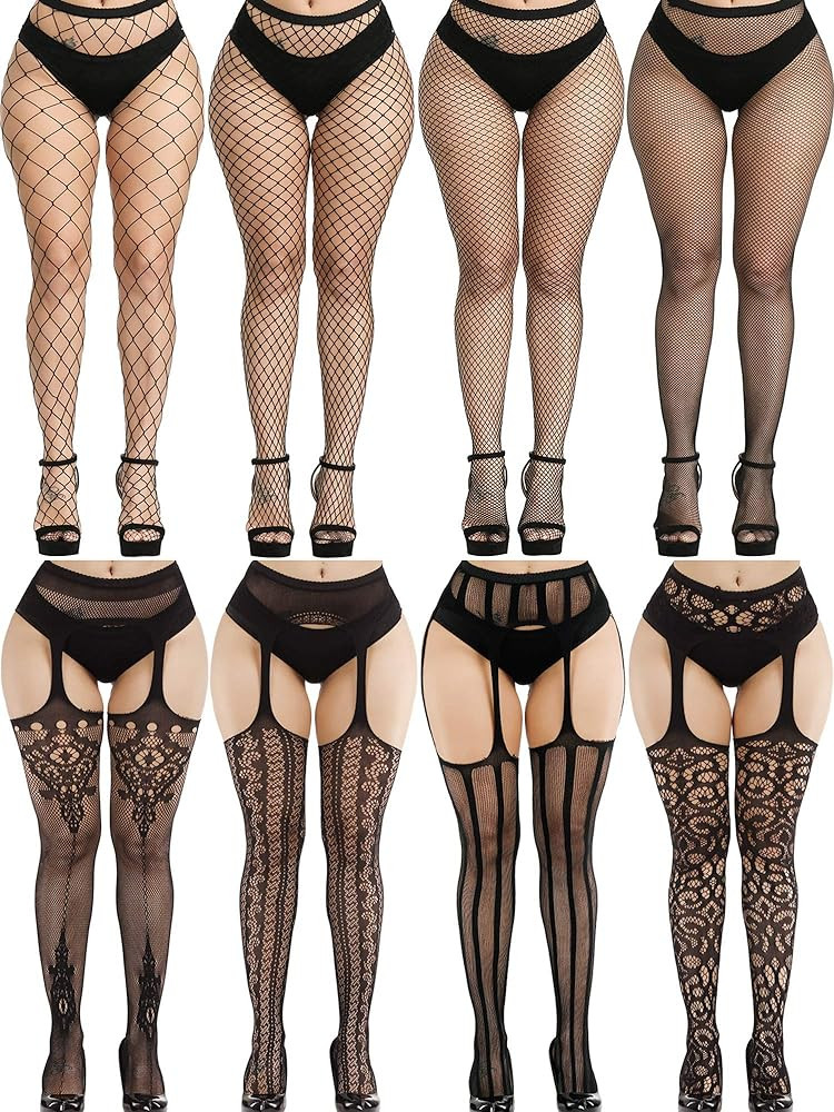Zhanmai 8 Pairs Women Fishnet Stockings Tights Pantyhose Thigh High Stockings Waist Fishnets | Amazon (US)