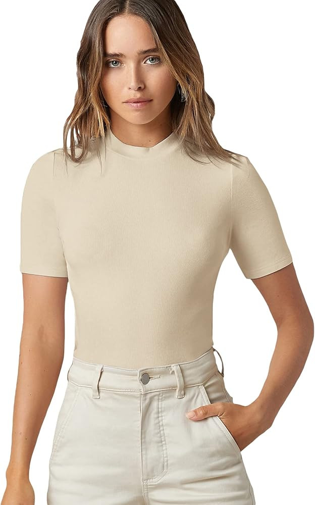 Floerns Women's Basic Mock Neck Short Sleeve Solid Rib Knit Tops Tee Shirts | Amazon (US)