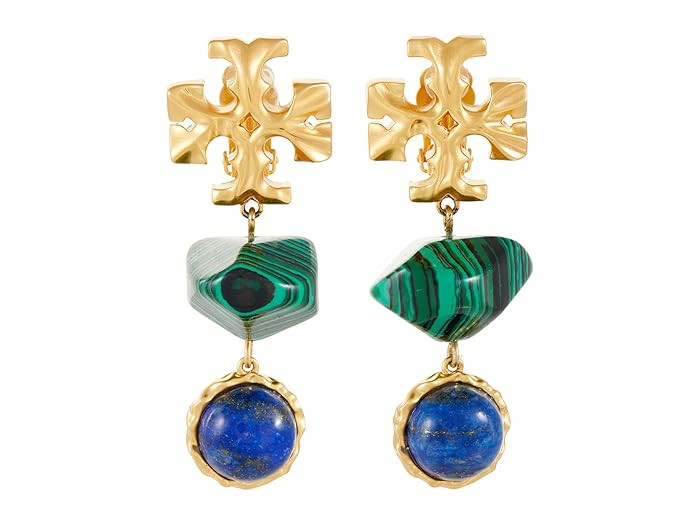 Tory Burch Roxanne Semi-Precious Double Drop Earrings (Rolled Brass/Malachite/Lapis) Earring | Zappos