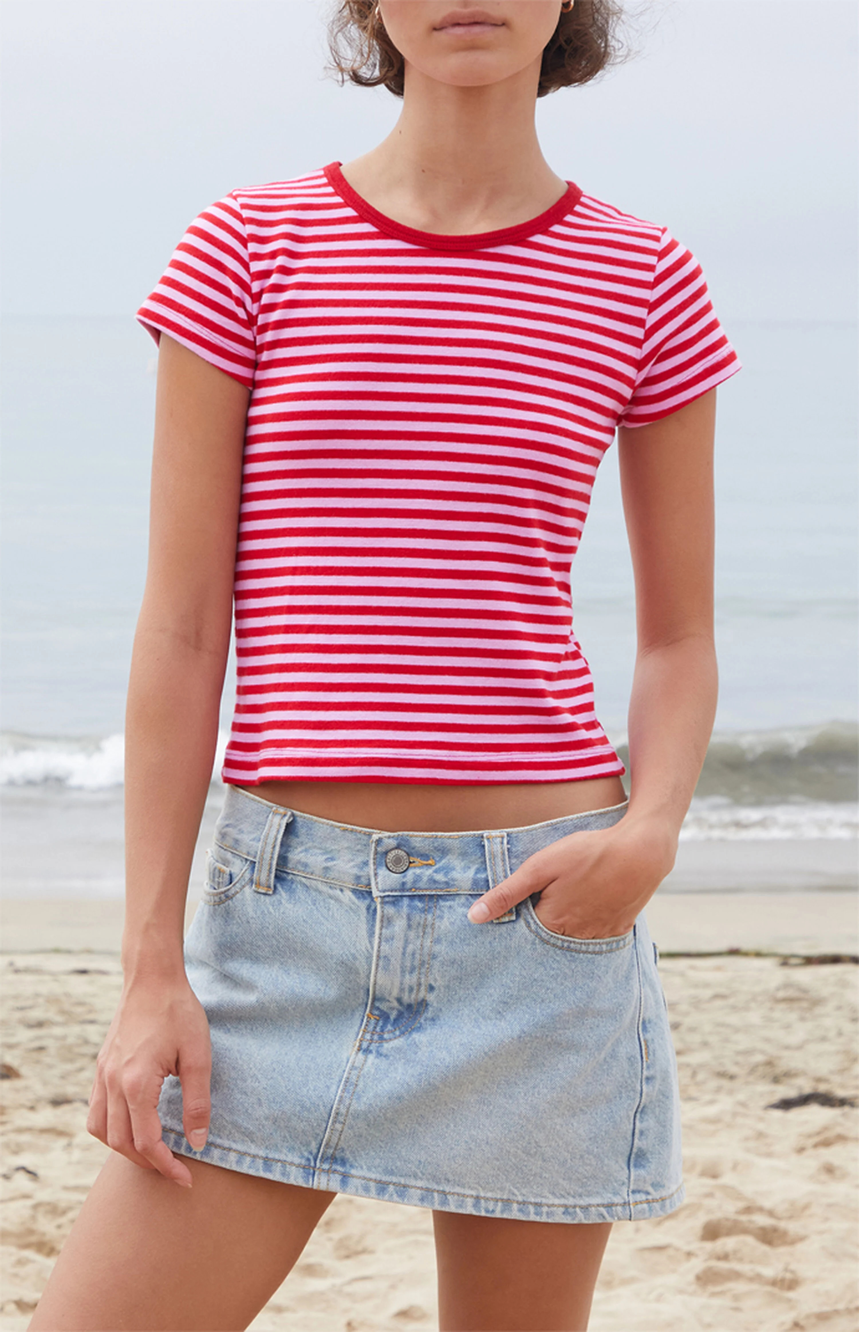 John Galt Red Hailie Striped Short Sleeve Crop Top | PacSun