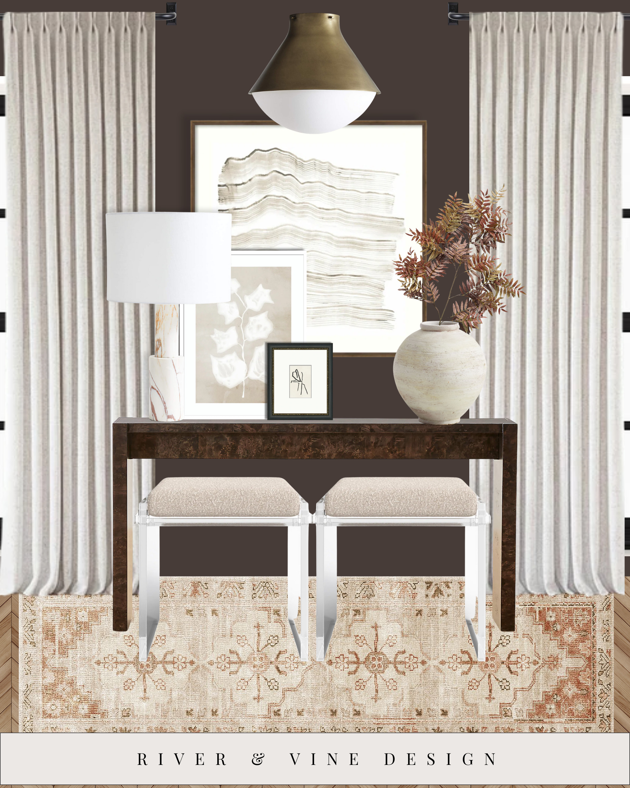 Warm fall entryway vibes 🤎✨

Instead of orange pumpkins everywhere, try elevated fall decor: rich wood tones, creamy neutrals, and soft caramel accents. The mix of the dark console with the warm vintage rug instantly makes the space feel cozy — without going full “seasonal décor aisle.”

Design formula for an elevated fall entryway:

Deep chocolate wall or dark console for contrast

Vintage-inspired rug in warm rust + beige tones

Layered neutral artwork to soften the palette

Oversized ceramic vase with fall stems (my go-to seasonal swap)

Acrylic stools keep the space light and modern

Small styling change, big seasonal impact.

🛒 Linked everything below — including affordable options for the console + stools. 

 #LTKHoliday #LTKSeasonal #LTKHome